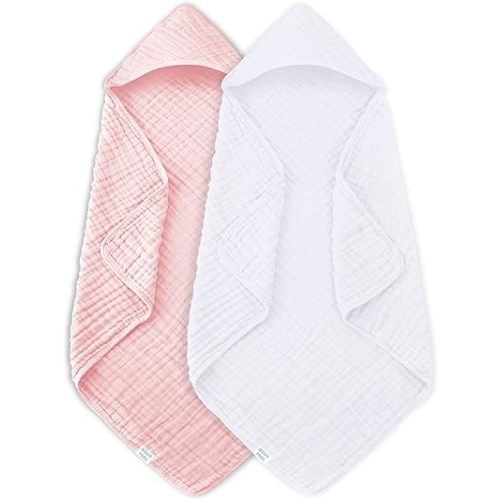 MOON PARK 2 Pack Muslin Hooded Baby Bath Towels for Newborns, Infants, Toddlers - 100% Cotton - Large 32x32Inch Size - Highly Absorbent and Essential, White and Pink