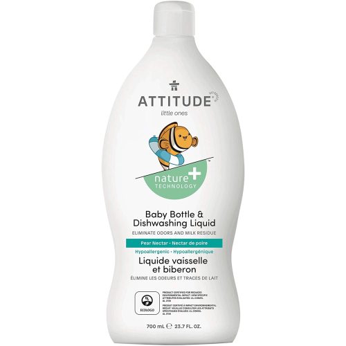 ATTITUDE Baby Dish Soap and Bottle Cleaner, EWG Verified Dishwashing Liquid, No Added Dyes or Fragrances, Tough on Milk Residue and Grease, Vegan, Pear Nectar, 23.7 Fl Oz