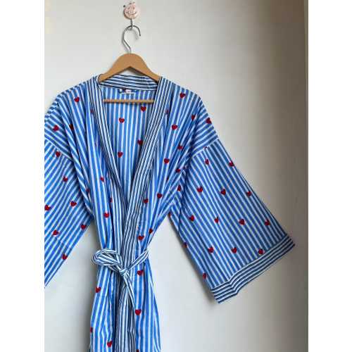 Indian Handmade Cotton Pretty Heart Printed Kimono Robe Beach Cover Up Kimono With Belt Bridesmaid Kimono ,Gift For Her Sleepwear Robe