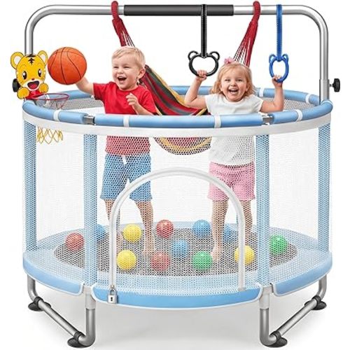 Seray 55" Kids/Toddler Trampoline with Safety Enclosure Net,Indoor & Outdoor 440LBS Capacity 6-in-1 Trampoline with Basketball Hoop,Swing,Gymnastics Bar&Pit Balls,Kids/Baby/Boys/Girls/Toddler Toy