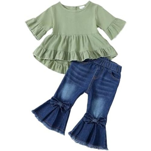 Kucnuzki Toddler Baby Girls Clothes Short Sleeve Shirt Top Flare Denim Jeans 2 Piece Outfits For Girls Cute Clothing Set