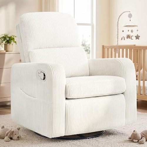 Swivel Rocker Recliner, Oversized Manual Nursery Glider Rocking Recliner Chair with Removable Cushion, Upholstered Corduroy Swivel Reclining Chair for Nursery Living Room Bedroom, Cream White