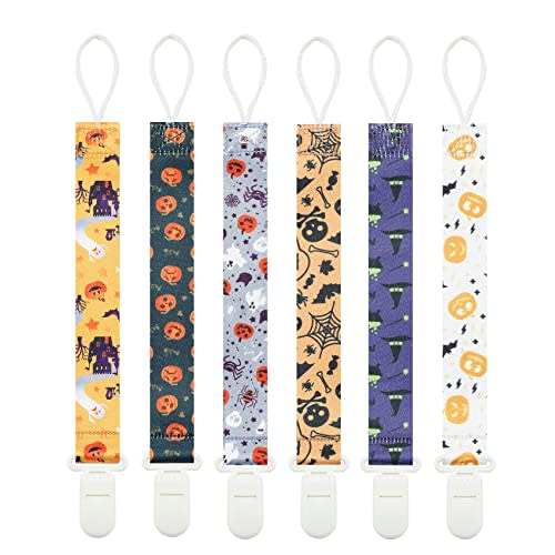 Babeine Halloween Pacifier Clips, 6 Pack Binkie Paci Holder Clips for Boys and Girls Fits for Most Pacifiers, Teethers & Toys and Holiday Gift(Bone,Skull,Ghost,Pumpkin)