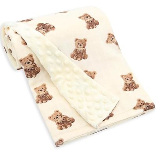 LifeTree Minky Baby Girl & Boy Blankets, Soft Double Layer Swaddle Blankets Neutral, Muslin Front and Dotted Fleece Backing Receiving Bed Throw Blanket for Newborn Unisex, 31X40 Inches, Bear Pattern