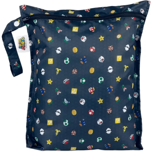 Bumkins Waterproof Wet Bag for Baby, Travel, Swim Suit, Cloth Diapers, Pump Parts, Pool, Gym Clothes, Toiletry, Strap to Stroller, Daycare, Zipper Reusable Bag, Packing Pouch, Nintendo Super Mario