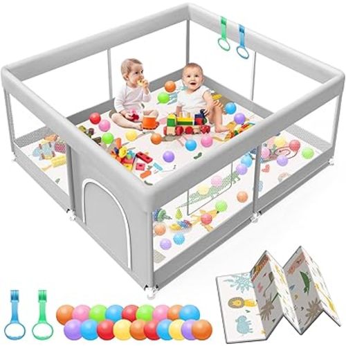 Baby Playpen with Mat, 50x50 Inch Playpen with Mat Waterproof for Babies and Toddlers Play Pen Playards Safety Gate Fence Active Center Indoor