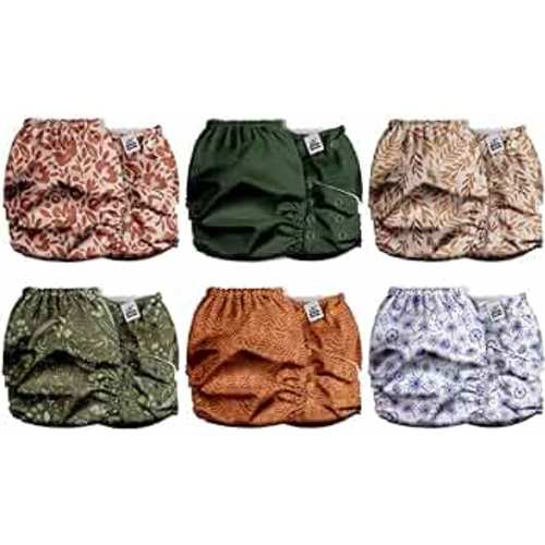 Mama Koala 2.0 Cloth Diapers for Babies with AWJ Lining, 6 Pack with 6 Bamboo Cloth Diaper Inserts - Reusable and Washable Pocket Diapers(Neutral Leaves)