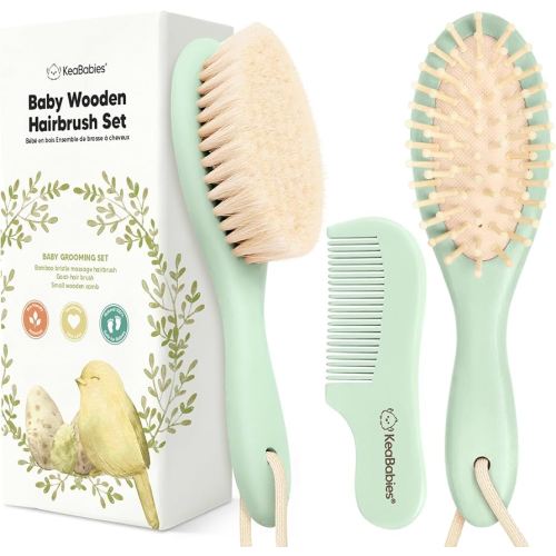 Baby Hair Brush and Comb Set for Newborn - Wooden Baby Hair Brush Set with Soft Goat Bristle, Baby Brush Set for Newborns, Baby Brush and Comb Set Girl, Boy, Toddler Cradle Cap Brush (Oval, Sage)