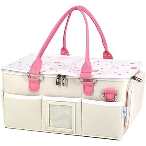 Baby Diaper Caddy Organizer with Lid, Multiple Compartments Baby Caddy, Waterproof Diaper Tote Bag for Infants, Travel Baby Bag for Must Haves, Baby Gift Basket for Newborn Essentials