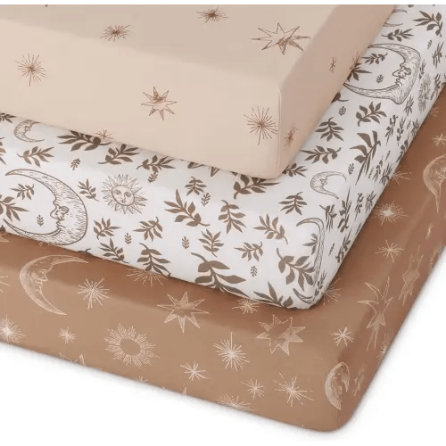 Pack and Play Sheets Fitted 3 Pack, Mini Crib Sheets for Pack N Play Mattress Stretchy Portable Playard Sheets, Soft Breathable White Brown Sun God