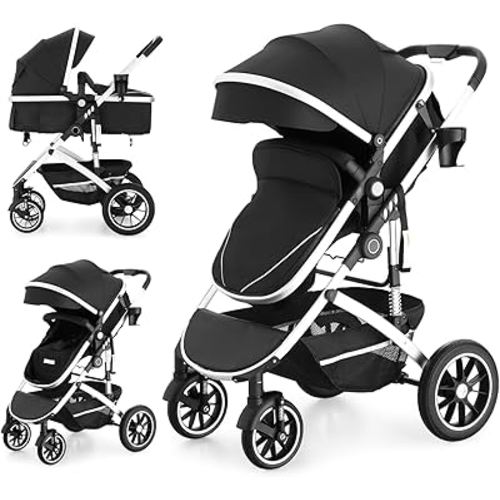 EROMMY Baby Stroller with Bassinet, Convertible Infant Stroller with Adjustable Backrest & Canopy for Baby, Foldable Newborn Pushchair with Reversible Seat and Cover for 0-36 Months (Dark Black)