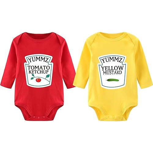YSCULBUTOL Baby Twins Bodysuit Ketchup Mustard Funny Baby Twins Outfits Baby Girl Short Sleeve Set
