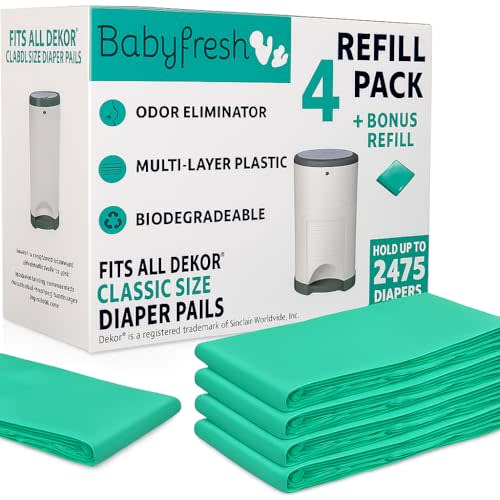 4+1 Pack Extra Refills Compatible with DEKOR CLASSIC Diaper Pails | 30% Extra Thickness & Strength | Diaper Pail Refill Bags with Powerful Odor Elimination Fresh Powder Scent | Holds up to 2475 Diaper