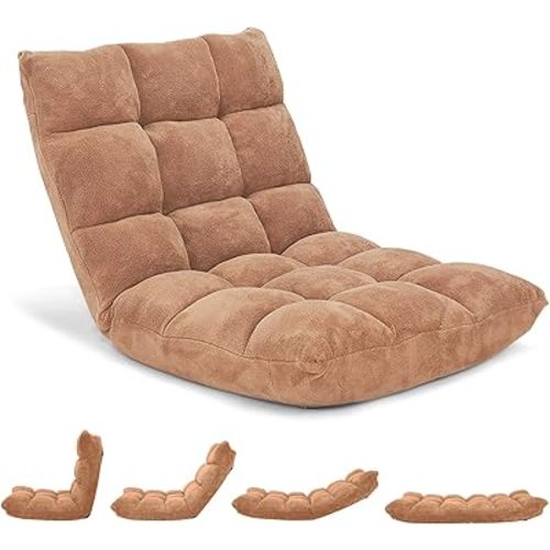 Byroce Folding Floor Gaming Chair, 14-Position Adjustable Lazy Padded Sleeper, Sofa Bed with Back Support, Couch Recliner Floor Chair for Meditation, Reading in Bedroom, Living Room (Beige)