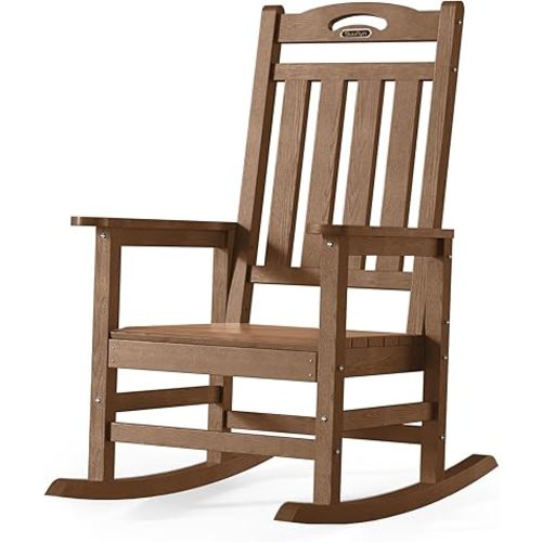 Oversized Outdoor Rocking Chair, High Back Porch Rocker Chair,HDPE All Weather Resistant Rocking Chairs for Patio, 380lbs Weight Capacity,Teak