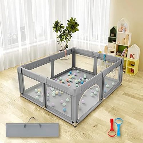 50" x 50" Baby Playpen, Play Pens for Babies and Toddlers, babyfence Play Area,Safe Anti-Fall Play Yard with Gates, Baby Fence with Breathable Mesh(Light Grey, 50" x 50")