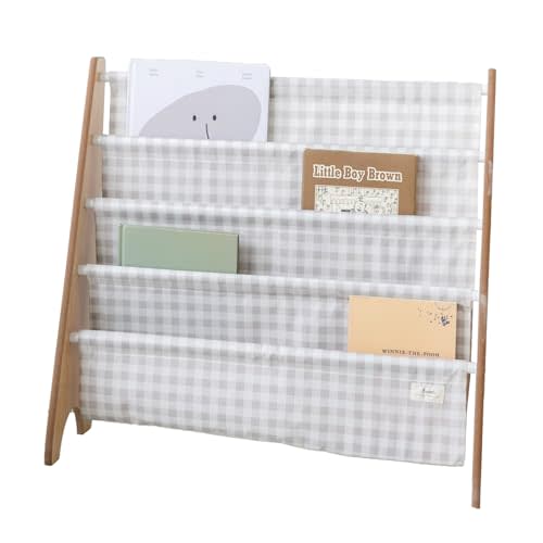3 Sprouts Recycled Fabric Kids Bookshelf – 4-Tier Sling Book Rack Storage - Kids Room Book Shelves, Nursery, Playroom, Classroom - Bookcase Display Shelf for Toddler, Children Age 3+ - Gingham Beige