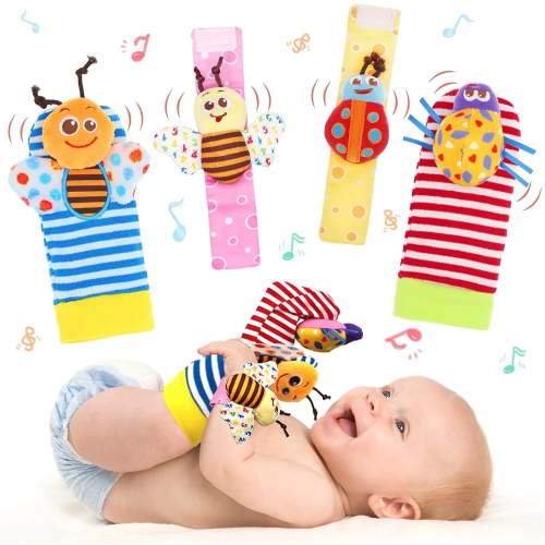 Soft Bell Wrist Shaker Set, Rattle Toy, Bracelet, Ankle Socks, Gift for Newborn Babies (4 Bugs)