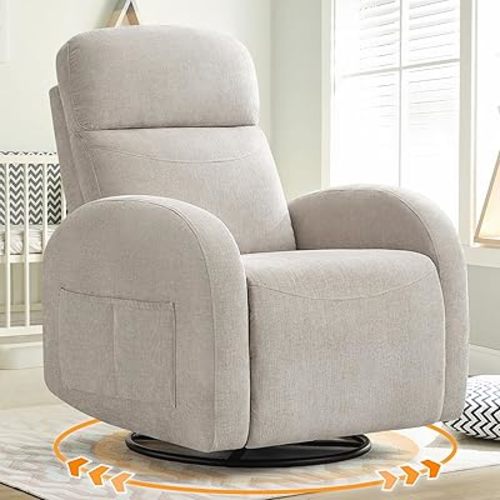AEMEIOS Nursery Swivel Rocker Recliner, Manual Nursering Glider Recliner, Chenille Swivel Rocking Nursery Recliners with Double Pockets for Living Room, Camel