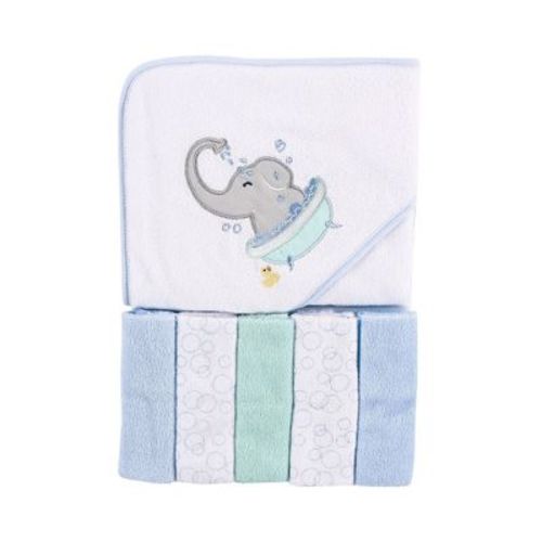 Luvable Friends Baby Boy Hooded Towel With Five Washcloths, Elephant Bath, One Size