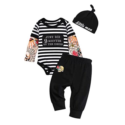 Baby Boy Clothes Tattoo Sleeve Funny Romper Bodysuit+Pants 3PCS Infant Outfits Set