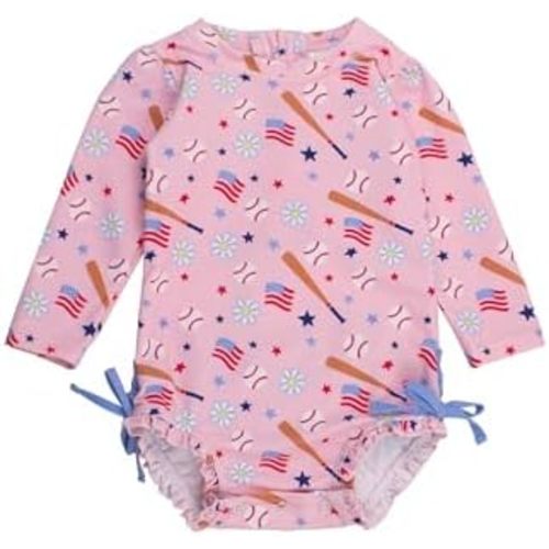RuffleButts Baby Girls UPF 50+ Sun Protection Novelty Print Long Sleeve One Piece Rash Guard Swimsuit with Zipper