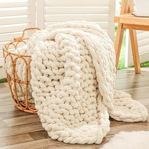 Bigacogo Chunky Knit Throw Blanket for Couch, 40x40 inches, 100% Hand Knitted with Thick Jumbo Chenille Yarn, Cozy Soft Large Rope Knot Cable Crochet Blankets for Sofa Bed Living Room, Beige