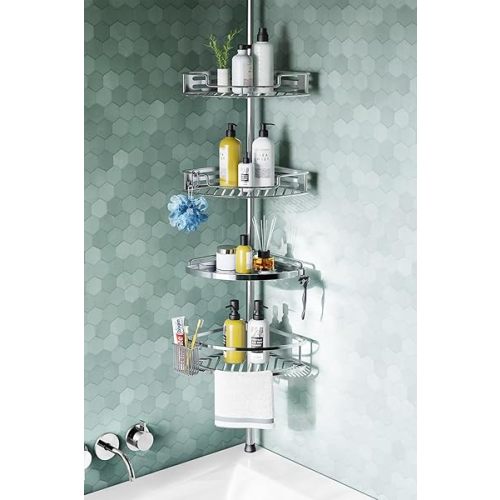 HAMITOR Corner Shower Caddy Tension Pole: Quick Installation 4-Tier Rustproof Bathroom Organizer Shelves for Bathtub Shampoo Storage - 47-121 inch Adjustable Floor Standing Bath Rack Holder - Silver