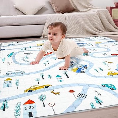 MHOMER Baby Play Mat 79X71 - Thick and Soft Tummy Time Mat Playpen mat for Floor Non-Slip Premium Quality for Babies and Toddlers Comfort and Safety Portable and Machine Washable(Car)