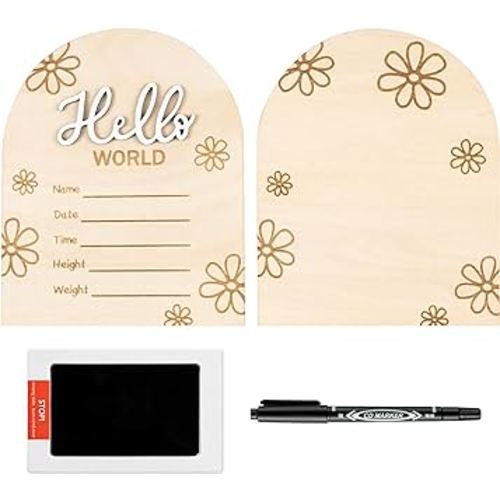 R HORSE Baby Birth Announcement Sign with Marker Pen, 3D Wooden Hello World Birth Sign with Ink Pad for Hand and Footprints, Double-Sided Daisy Newborn Name Announcement for Baby Shower Keepsakes