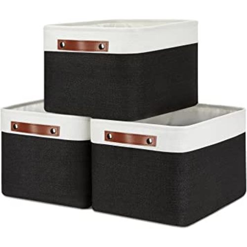 DULLEMELO Canvas Storage Bin with Handles, Fabric Bins for Shelves, Bedroom, Office,Nursery,Fabric Storage Baskets for Toys, Clothes,Gift(3-Pack Medium-15 inch X 11 inch X 9.5 inch , White&Black)