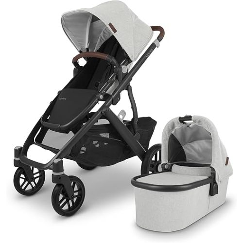 UPPAbaby Vista V2 Stroller / Convertible Single-To-Double System / Bassinet, Toddler Seat, Bug Shield, Rain Shield, and Storage Bag Included/Anthony (White+Grey Chenille/Carbon Frame/Chestnut Leather)