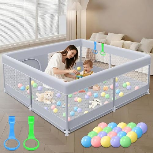 Baby Playpen 50 x 50 Inch Play Pen Playards, Playpen for Babies and Toddlers, Baby Playard for Indoor & Outdoor Active Center Game Fence, with Skin-Friendly Fabric and Soft Breathable Mesh Grey