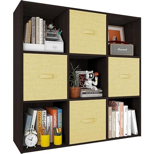 PrimeZone Stackable 9 Cube Storage Organizer: Wood Cubes Shelf Fits Cubby Bins - Square Cubicle Bookshelf Cabinet for Closet Bedroom - Open Storage Shelf for Toy Clothes Book Organization, Espresso