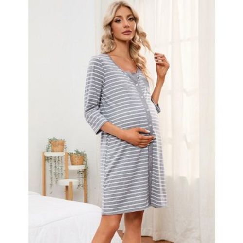 Women's Maternity Nightgown 3/4 Sleeve Striped Nursing Sleepshirt Button Breastfeeding Sleep Dress Light Gray L