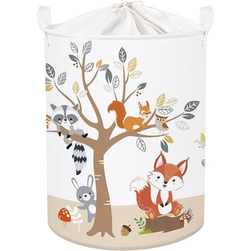 Forest Animals Tree Baby Laundry Hamper Collapsible Clothes Kids Storage Basket Large Boys Girls Gift Toy Box Bin for Nursery Room, Fox, 63L