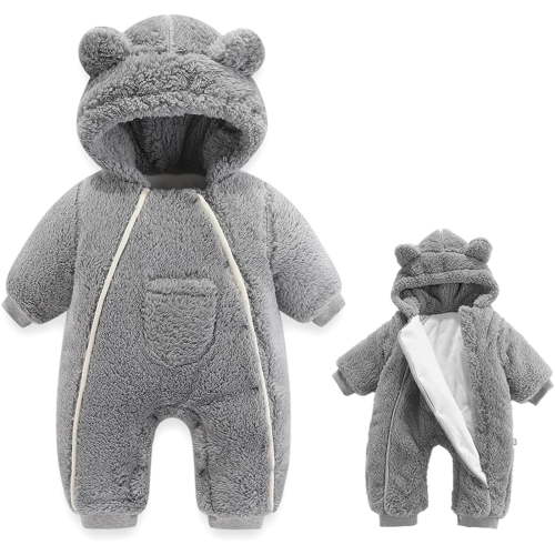 XFHLMJFF Baby Bear Ears Jumpsuit Solid Color Long Sleeve Romper Outfit Thick Hooded Clothes Warm Coat for 0-12 Months