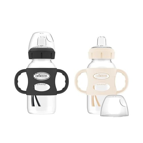 Dr. Brown's Milestones Wide-Neck Sippy Spout Bottle with 100% Silicone Handles, Easy-Grip Handles with Soft Sippy Spout, 9oz/270mL, Black & Ecru, 2-Pack, 6m+ - 2 Pack, Black & Ecru - BOTTLE