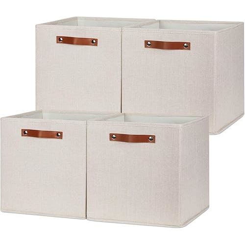 Large Storage Baskets Set of 4 Collapsible Storage Baskets,13x13 Storage Cube Bins with Handles,Foldable Storage Cube Bins for Shelves(cream)