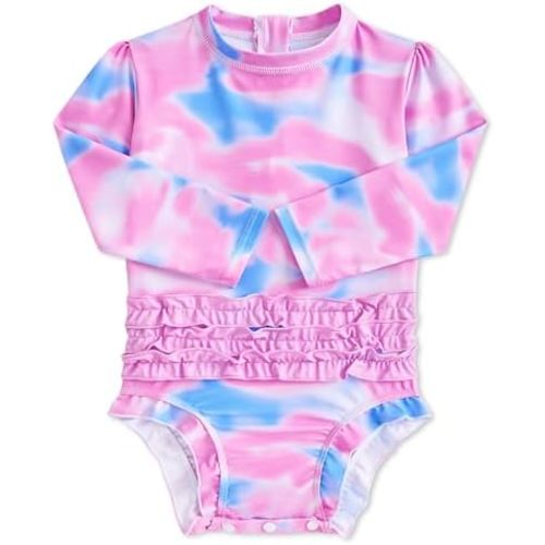 uideazone Baby Girls Rash Guard Swimsuit Long Sleeve One Piece Swimwear UPF 50+ Sun Protection for Toddler 0-24 Months
