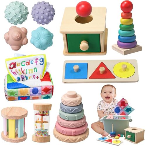 Montessori Toys for Babies 6-12 Months,1 Year Old,8 in 1 Baby Sensory Toy for 12-18 Months Toddler,Wooden Educational Development Toys with Soft Stacking Cup&Sensory Ball&Tissue Box
