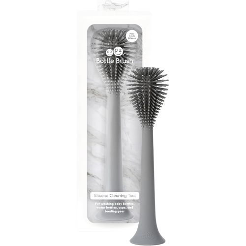 ezpz Bottle Brush (Gray) - Silicone Bottle Cleaning Tool with Long Sturdy Handle - Flexible Top for Tight Spaces - Gently Cleans Cups, Glasses, Bottles and Accessories - Suction Base, BPA-Free