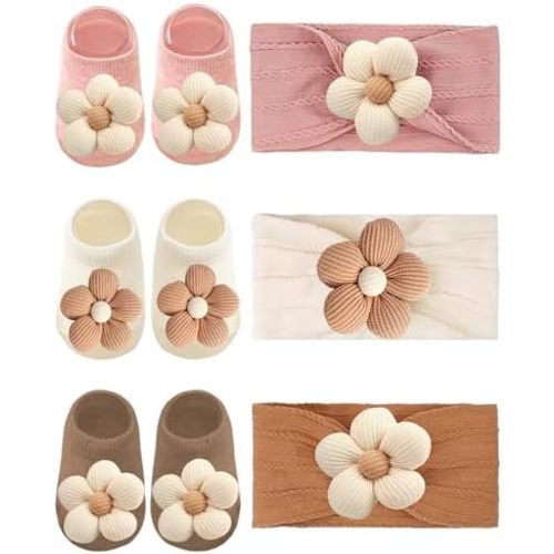 Baby Girl Ankle Socks Set with Headbands, Soft Non-Slip Socks for Newborn 0–6 Months, Flower & Bunny Cute Designs