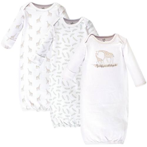 Touched by Nature Baby Organic Cotton Long-Sleeve Gowns 3pk, Little Giraffe, 0-6 Months