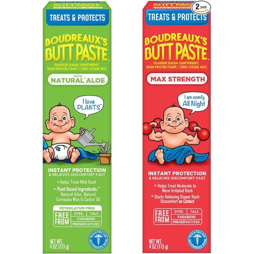 Boudreaux's Butt Paste Diaper Rash Ointment Variety Pack (1-4 oz Maximum Strength, 1-4 oz Natural Aloe)