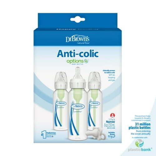 Dr. Brown's Natural Flow Anti-Colic Options+ Narrow Baby Bottle, 8oz, 3 Pack + HappyPaci