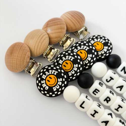 Silicone Checker Print One Happy Dude Pacifier Clip with Smiley Face • Personalize with Baby Boy Name • Custom Baby Shower Newborn Boy Gift