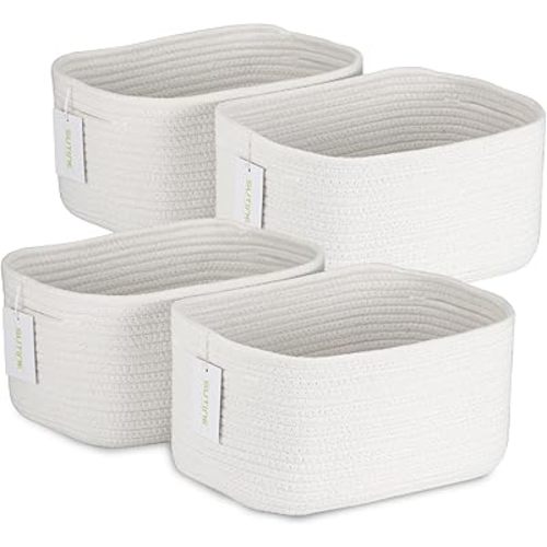 4-Piece Storage Baskets - Woven Cotton Rope Bins for Organizing, Decorative for Towels, Clothes, Books & Toys - White
