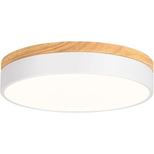 Dimmable Modern Wood Ceiling Light, White LED 5CCT 2700K-6000K Flush Mount Ceiling Lighting Fixture, Round Light Fixtures for Kitchen Entryway Hallway Bedroom Laundry Room-11.8in