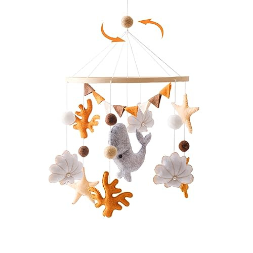 Montessori Baby Crib Mobile for Boys Girls,Woodland Nursery Mobile,Chime Sea Creatures, 3D Clouds Fish Mobile Wind Chime, Baby Bed Hanging Game Mobile for Children's Room Children's Bed Decor